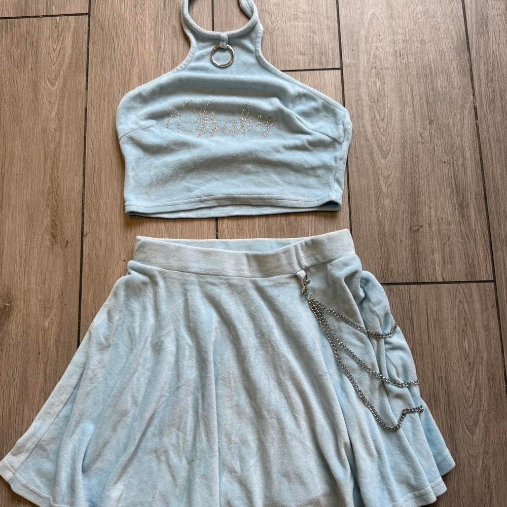 Y2K Baby blue velvet mini skirt and crop top set